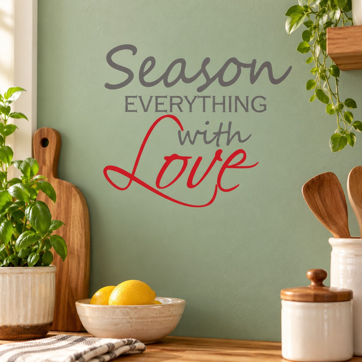 Vinyl wall decal text: "Season Everything with Love" in gray and red cursive