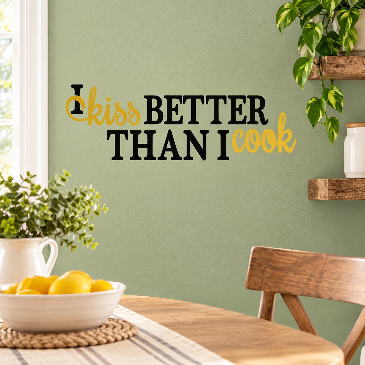 Kitchen wall decal with orange script "Kiss" and black "BETTER THAN I COOK"