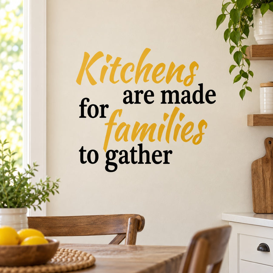 Kitchen wall decal with quote in orange and black lettering