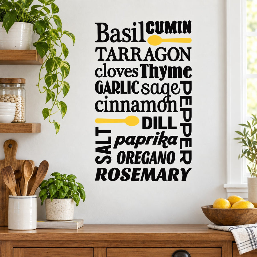 Herbs word collage wall decal with mixed herb names and orange highlight lines