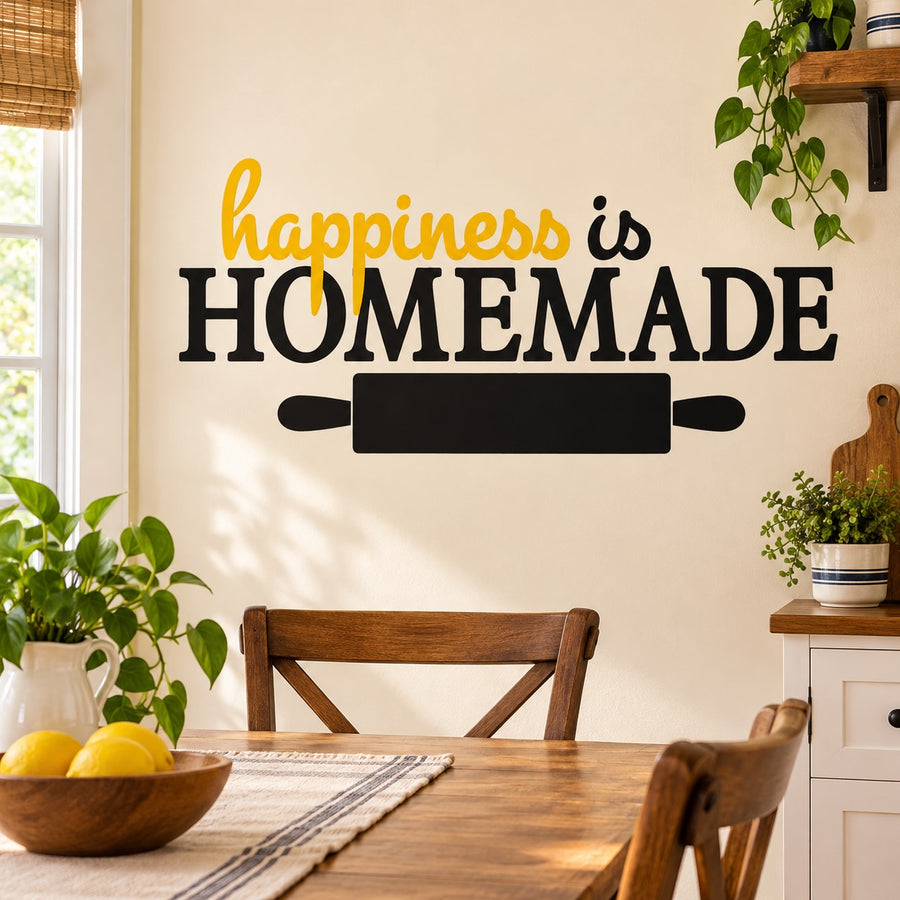 Kitchen wall decal reading 'Happiness is Homemade' with rolling pin graphic