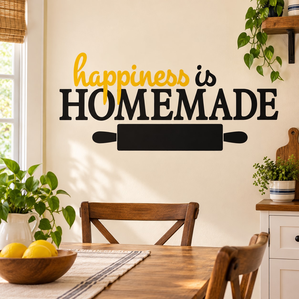 Kitchen wall decal reading 'Happiness is Homemade' with rolling pin graphic
