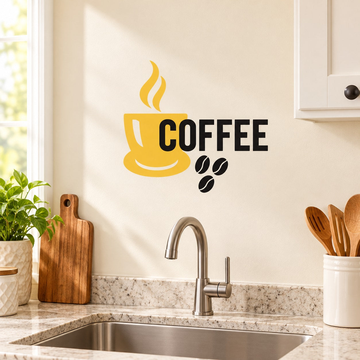Coffee-themed wall decal with yellow steaming cup, COFFEE text, and prints
