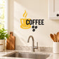 Coffee-themed wall decal with yellow steaming cup, COFFEE text, and prints