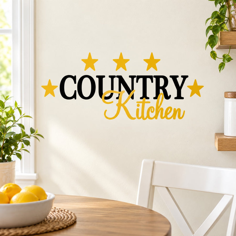Country kitchen wall decal with 'COUNTRY Kitchen' text and yellow star accents