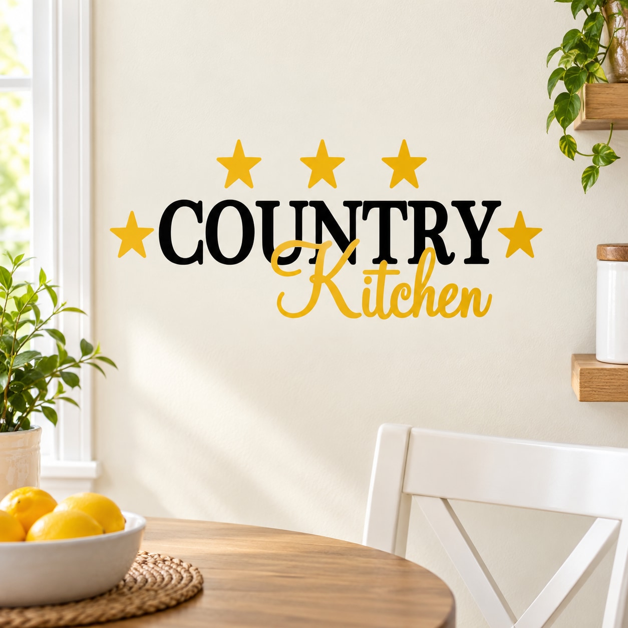Country kitchen wall decal with 'COUNTRY Kitchen' text and yellow star accents