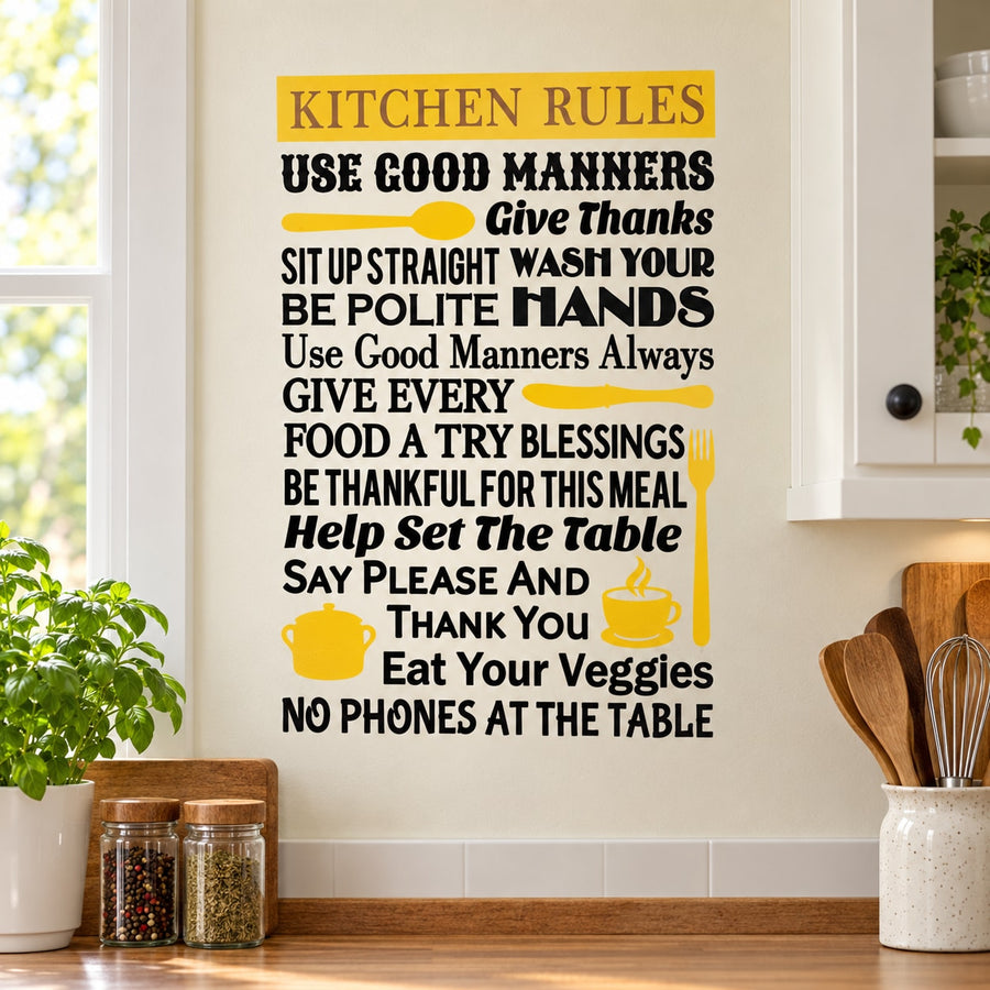Kitchen rules word collage wall decal with bold black and yellow typography