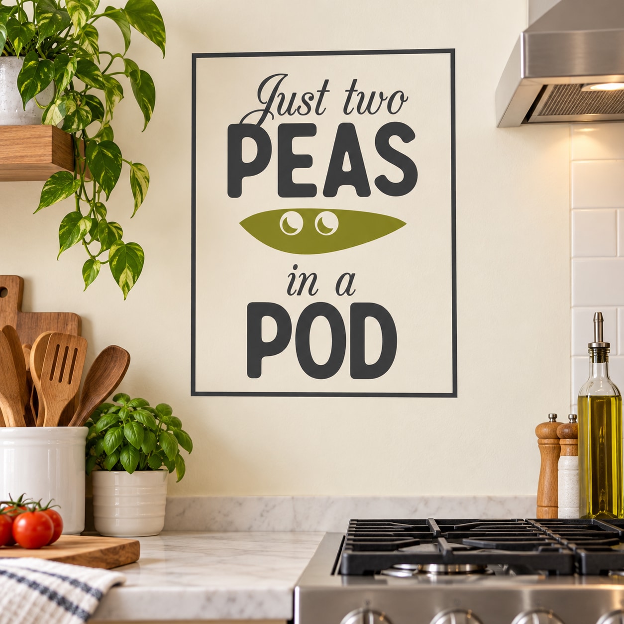 Square vinyl wall decal with text "Just two PEAS in a POD" and pea graphic