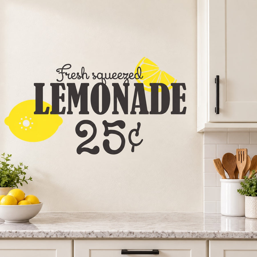 Lemonade wall decal with “Fresh squeezed,” “LEMONADE,” “25c” text and lemon icon