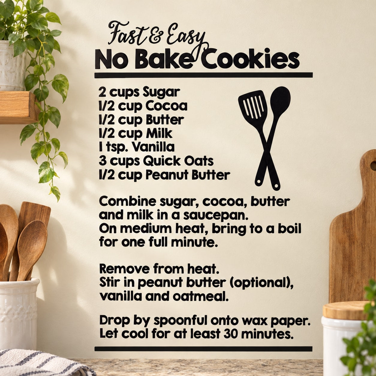 No-bake cookies recipe wall decal with 'Fast & Easy No Bake Cookies' text and utensils.