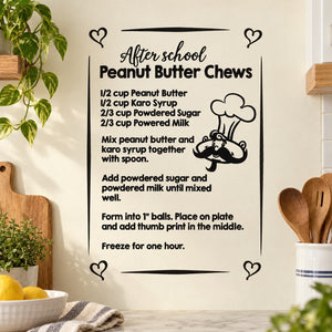 Wall decal recipe for peanut butter chews in black with chef hat icon.