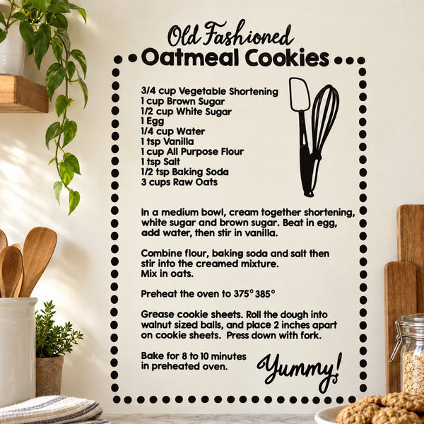 Oatmeal cookies recipe wall decal with text and whisk illustration, black on white