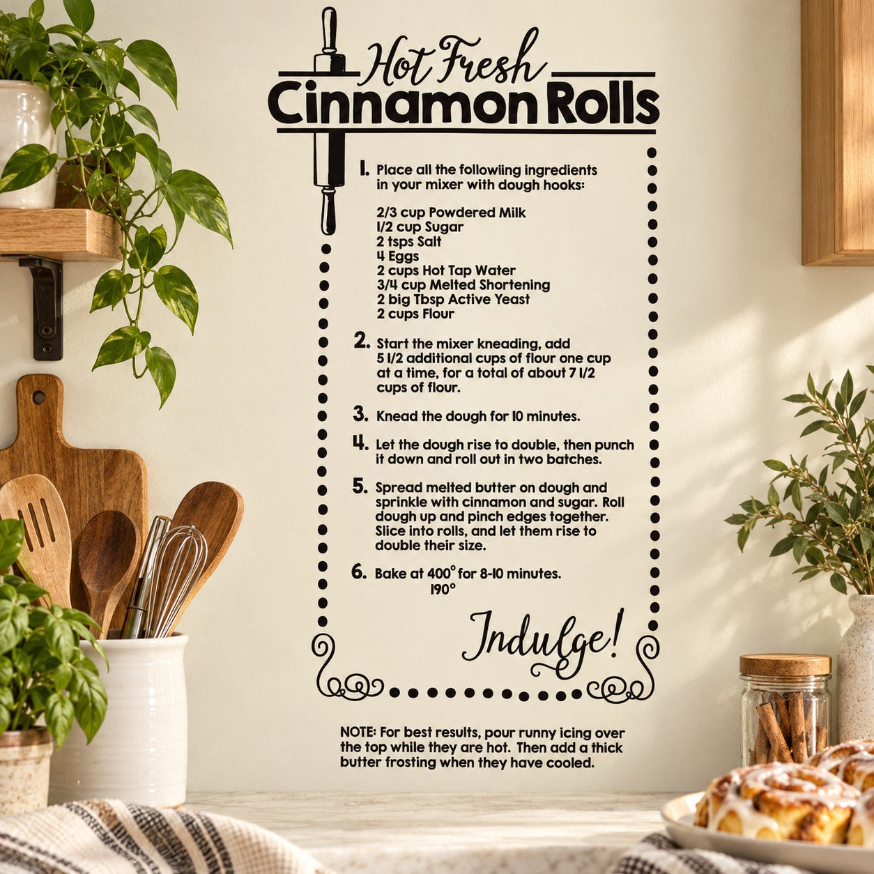 Hot Fresh Cinnamon Rolls recipe wall decal with ingredients list and 'Indulge!'