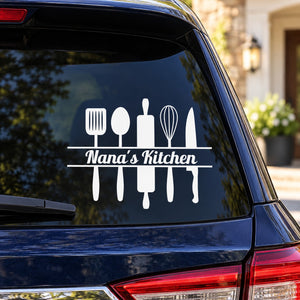 Kitchen wall decal with white utensil icons and the text "Nana's Kitchen"