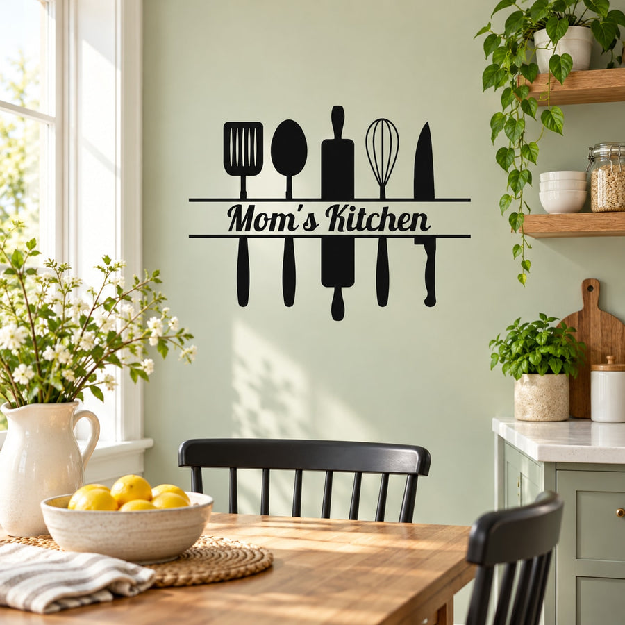 Black kitchen utensil wall decal with Mom's Kitchen lettering