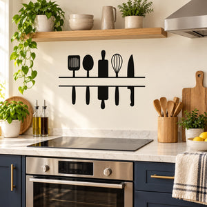 Kitchen utensil wall decal with black icons on banner strip