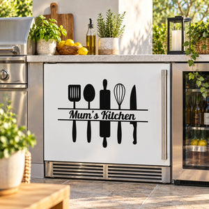 Kitchen wall decal, black utensil icons with 'Mum's Kitchen'.
