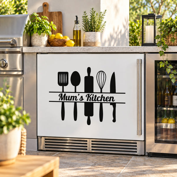Kitchen wall decal, black utensil icons with 'Mum's Kitchen'.
