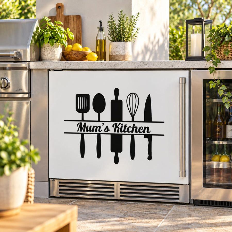 Kitchen wall decal, black utensil icons with 'Mum's Kitchen'.