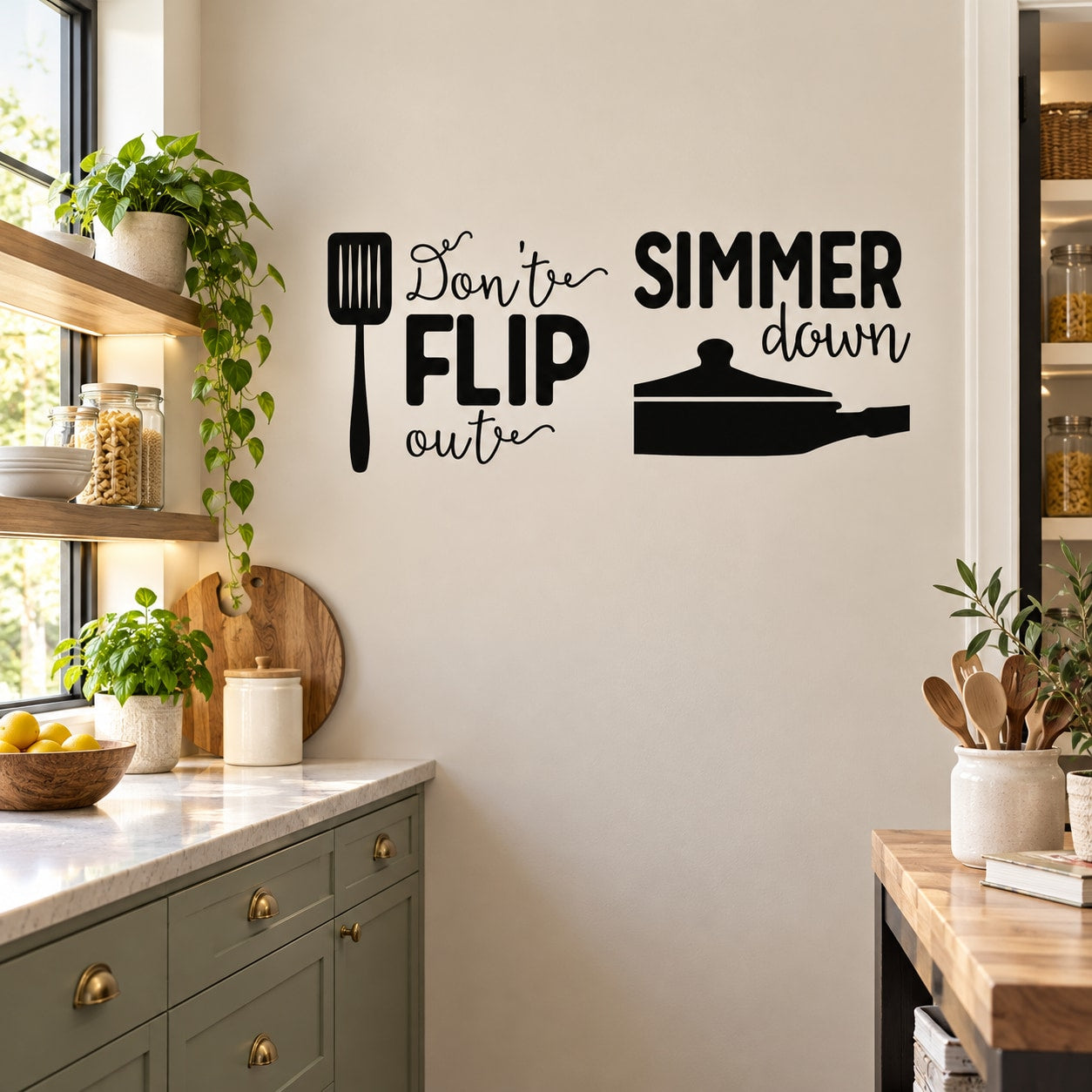 Kitchen wall decal with quotes 'Don't flip out' and 'SIMMER down' plus utensils