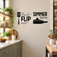 Kitchen wall decal with quotes 'Don't flip out' and 'SIMMER down' plus utensils