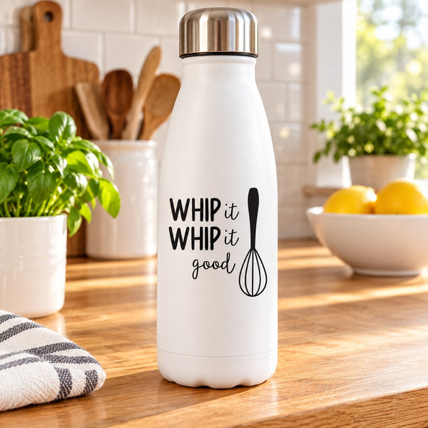 White drink tumbler with “WHIP it good” lettering and whisk icon
