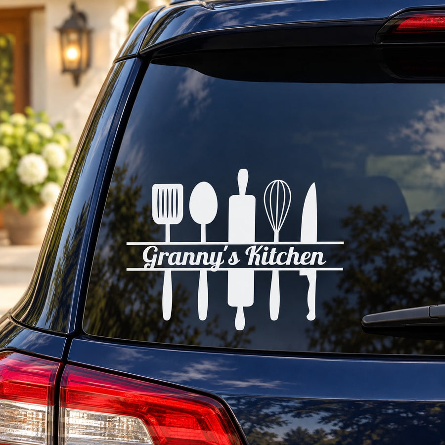 White kitchen utensils wall decal with “Granny's Kitchen” text