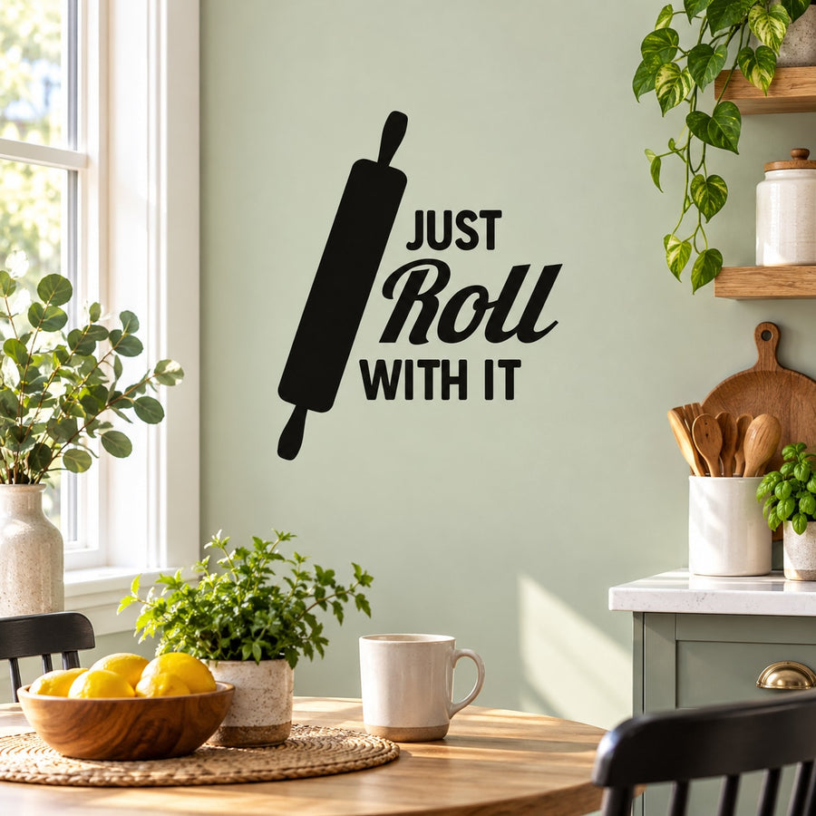 Kitchen wall decal vinyl with black rolling pin icon and “Just Roll With It” text