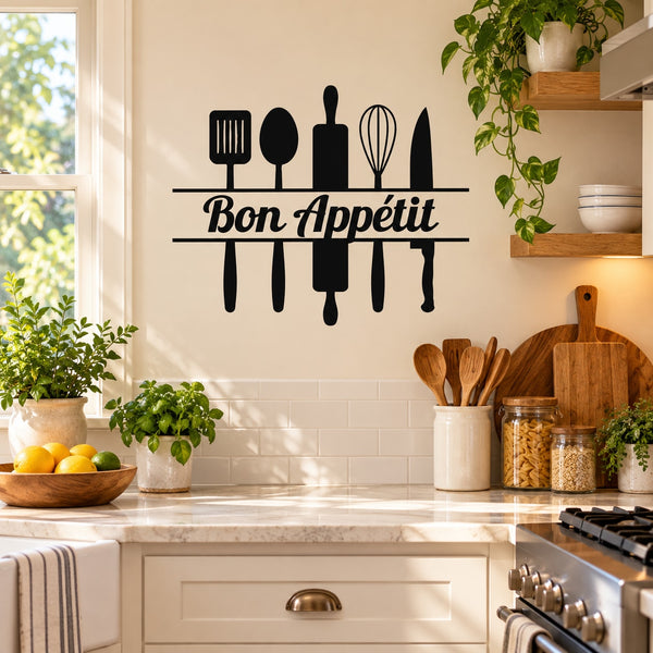 Kitchen utensil wall decal with fork, knife, whisk, and "Bon Appetit" text
