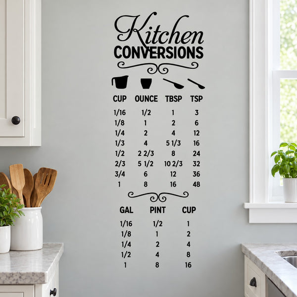 Kitchen conversions wall decal with measurement table: cups, ounces, pints, gallons