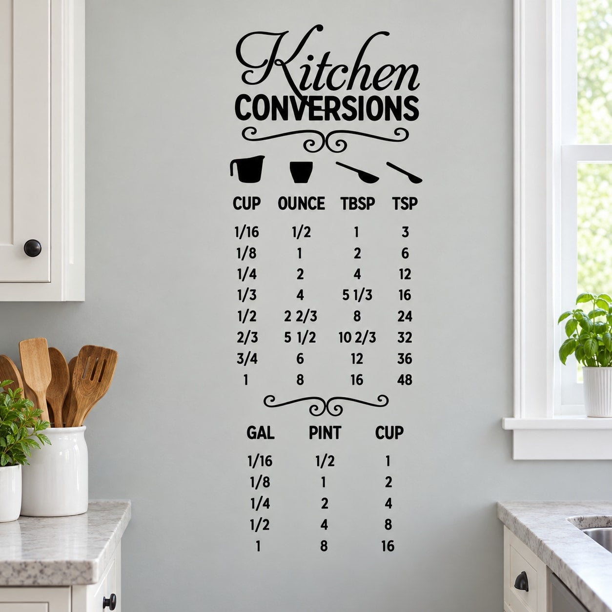Kitchen conversions wall decal with measurement table: cups, ounces, pints, gallons