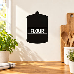 Black flour container wall decal with white 'FLOUR' text