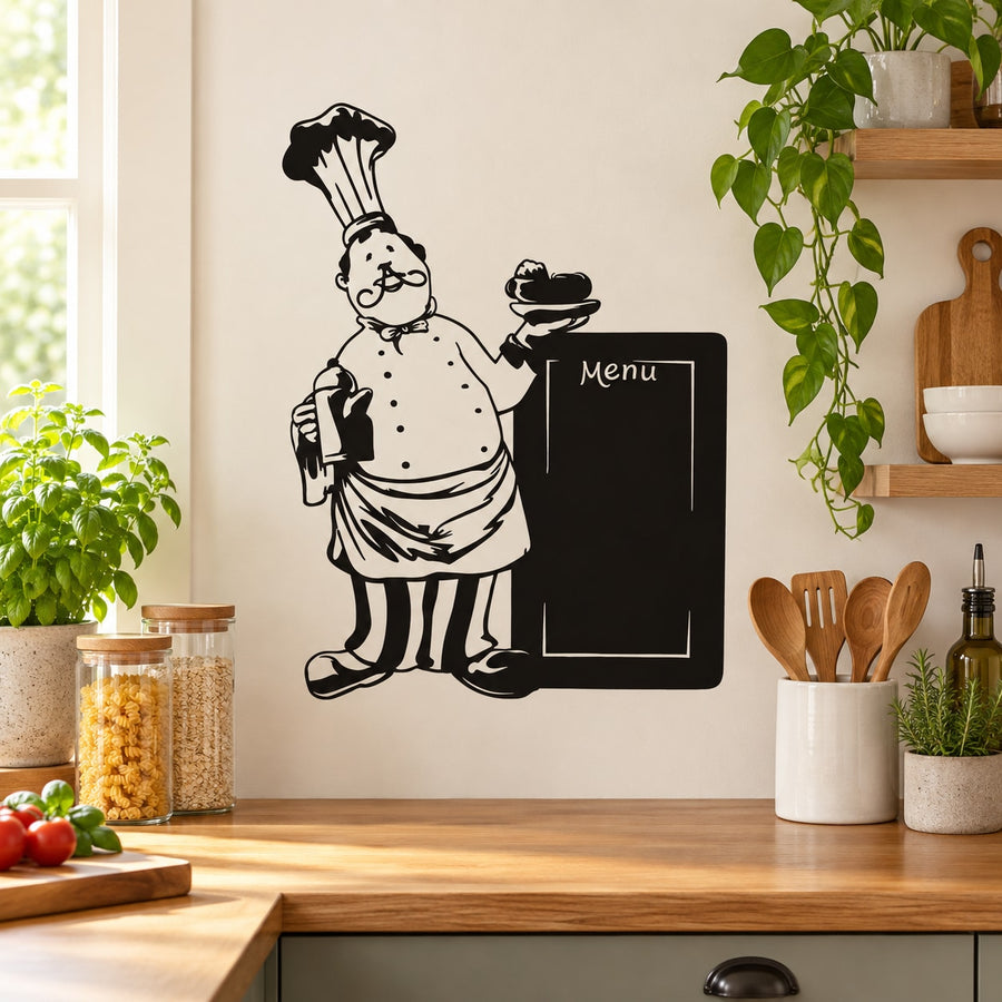 Pastry chef menu decal with chef holding sign reading “Menu”