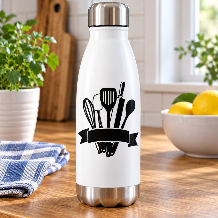 Stainless steel insulated water bottle with black kitchen utensil decal