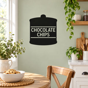 Chocolate chips jar wall decal, black silhouette with white “CHOCOLATE CHIPS” label