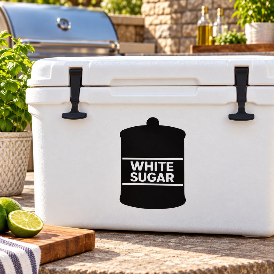 Black decal reading "WHITE SUGAR" on cooler front
