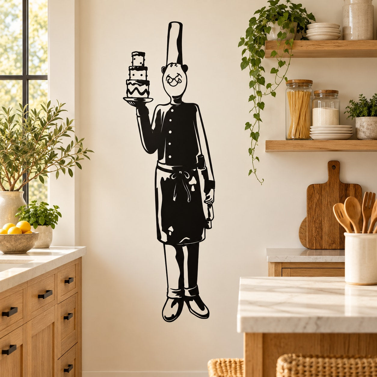 Black line-art pastry chef wall decal, chef holding a stacked cake tower.
