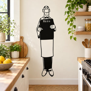 Waiter holding menu wall decal: black-and-white figure with 'Menu' sign