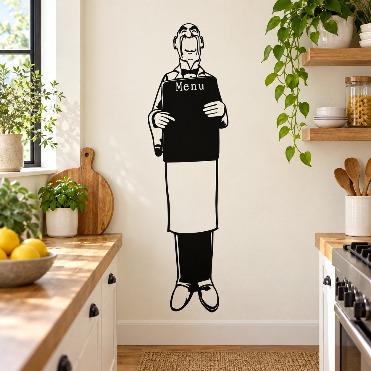 Waiter holding menu wall decal: black-and-white figure with 'Menu' sign