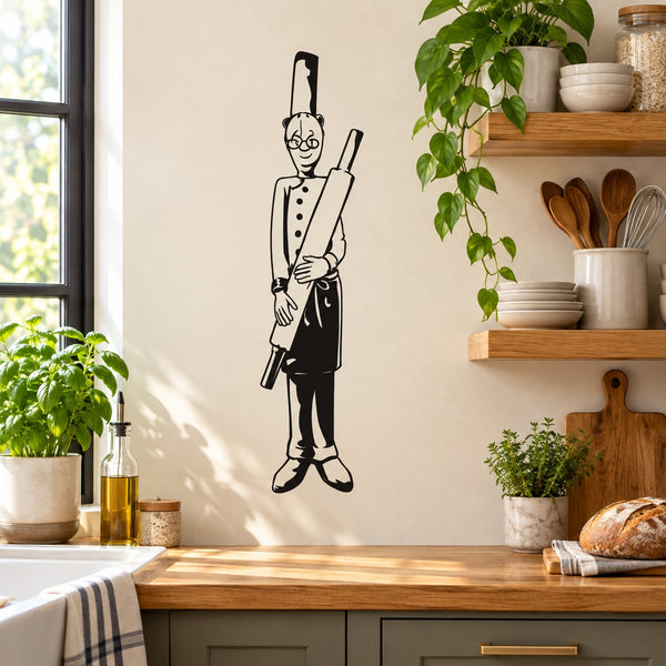 Baker with rolling pin wall decal, black line art figure on light wall