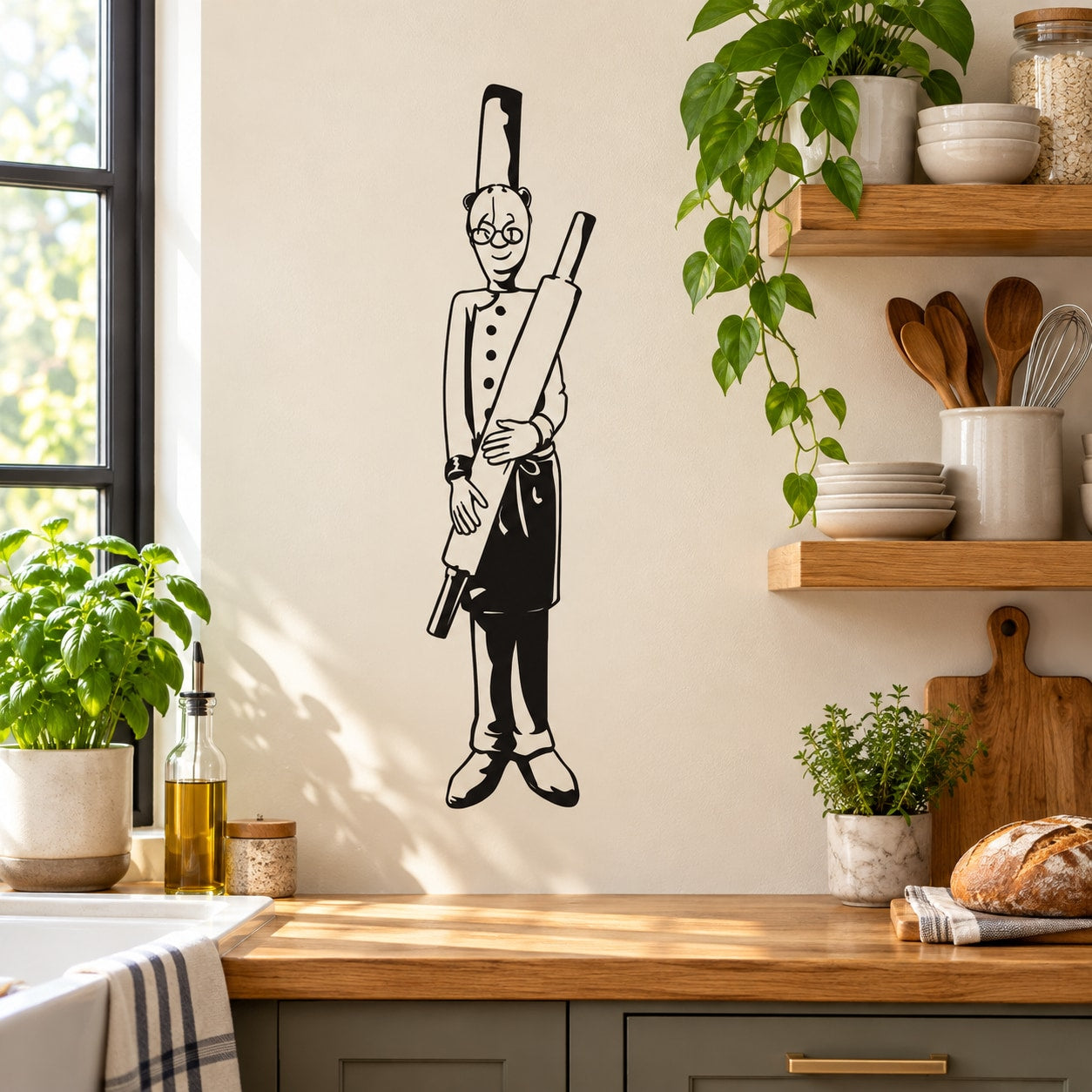 Baker with rolling pin wall decal, black line art figure on light wall