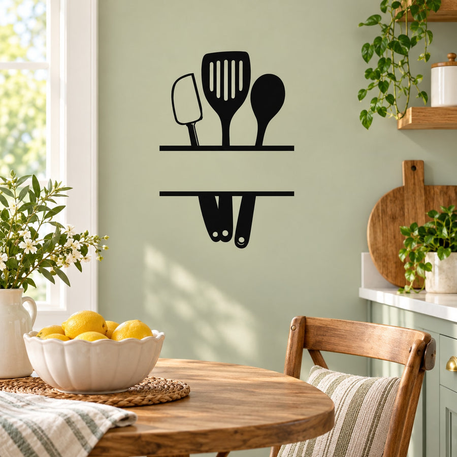 Kitchen utensil decal: black spatula, fork, spoon, and hanging bar