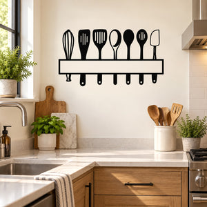 Kitchen utensil wall decal featuring black utensil icons on a hanging rack