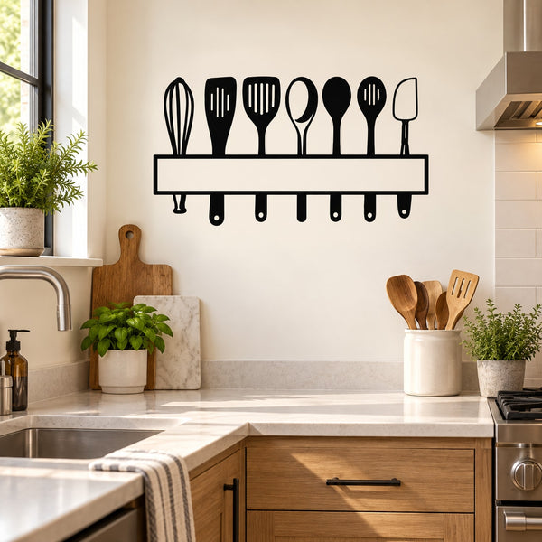 Kitchen utensil wall decal featuring black utensil icons on a hanging rack
