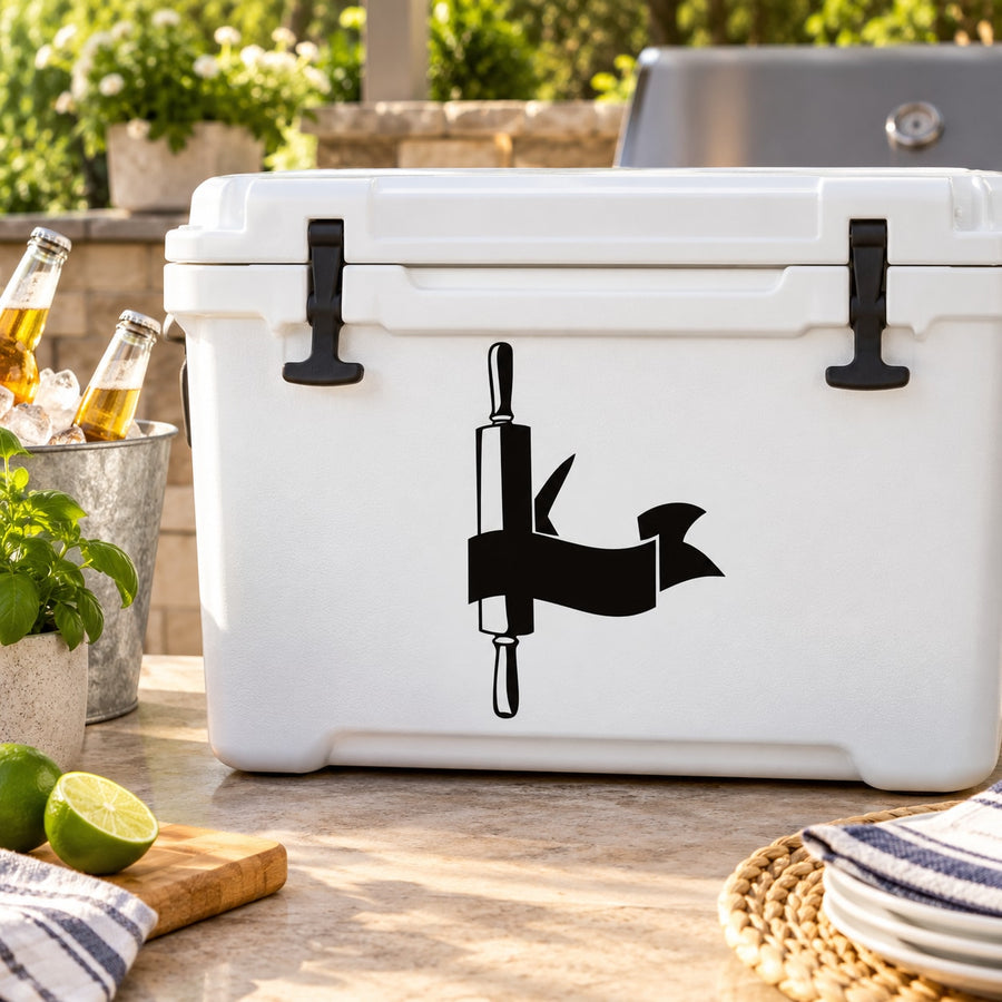Black rolling pin banner decal on white cooler lid