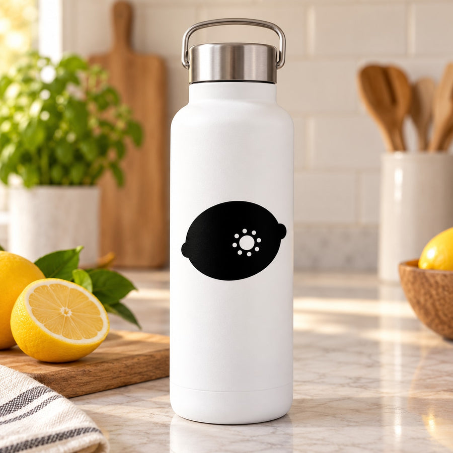 Lemon decal on white insulated bottle with black lemon-slice icon