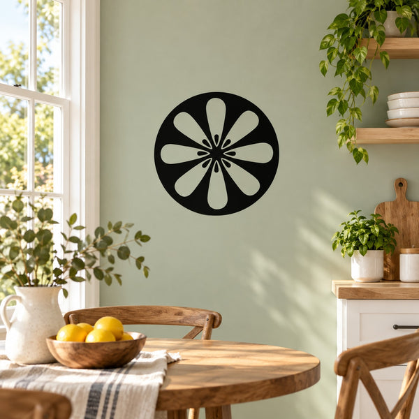 Circular sliced lemon wall decal, black with white slice design