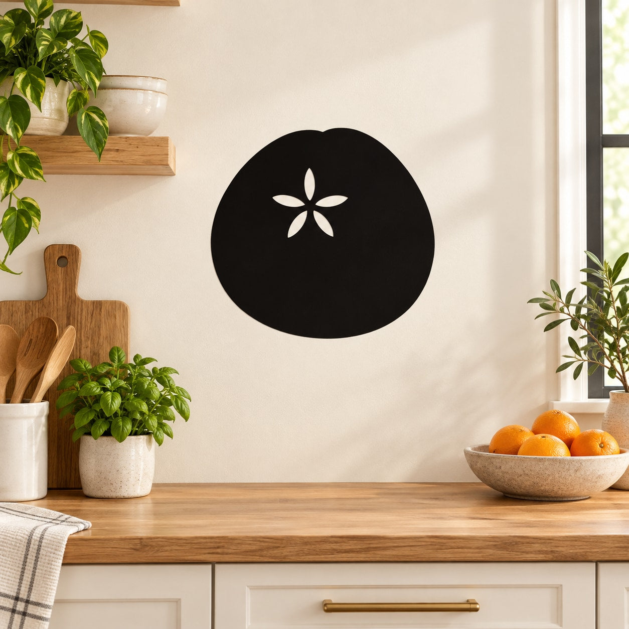 Round black wall decal with white five-petal flower design
