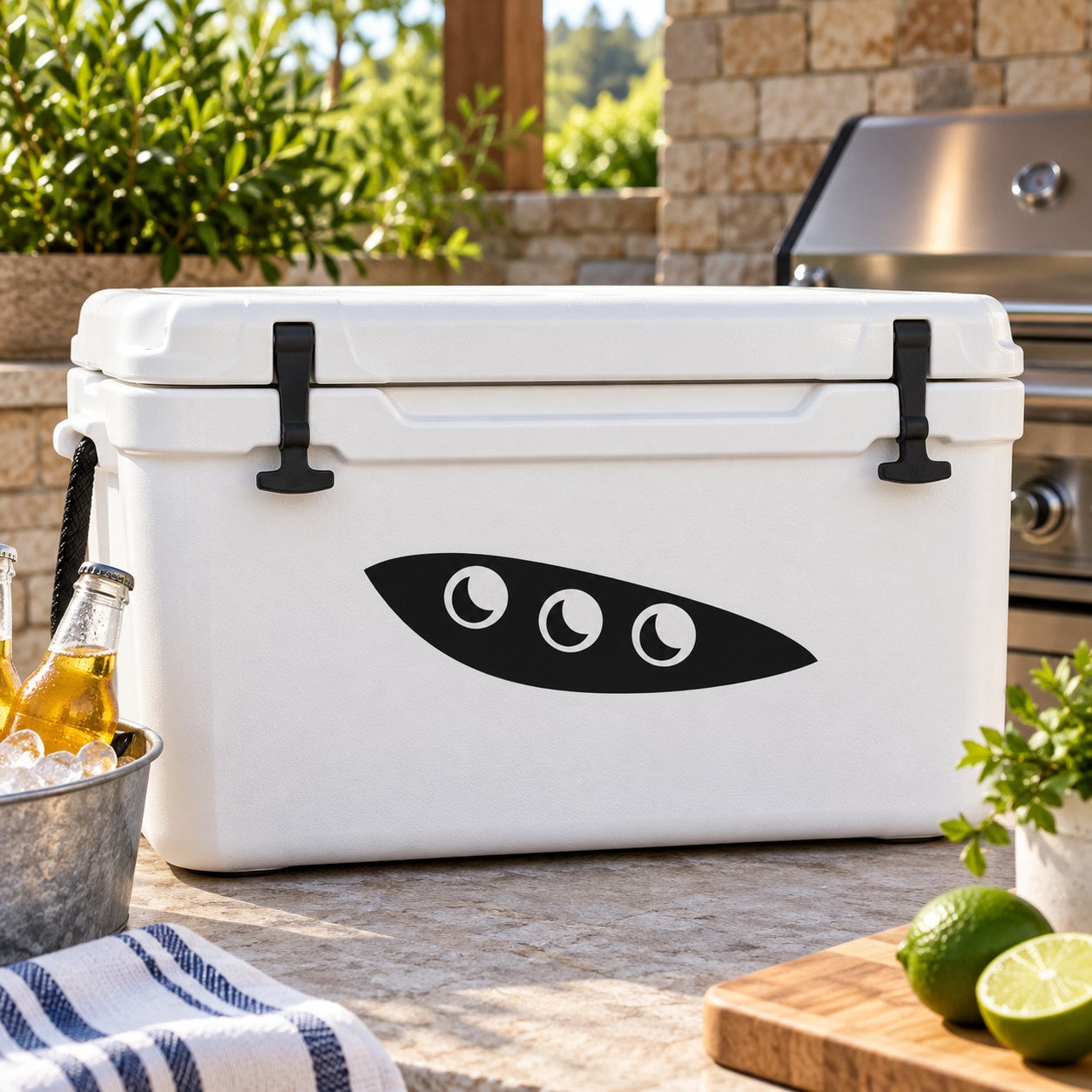 Black pea pod decal on cooler with three pea shapes