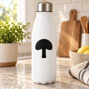 Black mushroom decal sticker on white bottle, rounded cap and stem shape